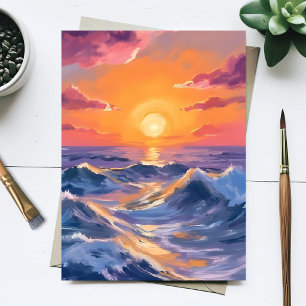 Postal Mares Rocosos Olas Oceánicas Pintura Acuarela Mar