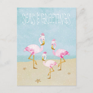 Postal Mares y saludos acuarela Flamingos rosas