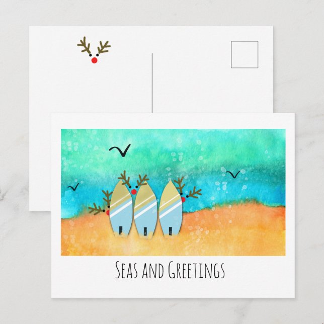 Postal Mares y saludos Navidades de playa con Rudolph (Anverso / Reverso)