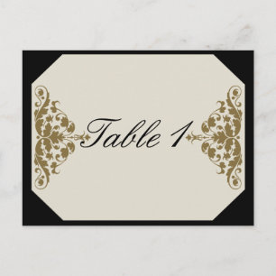 Postal Marfil Black and Gold Damask Wedding Número de tab