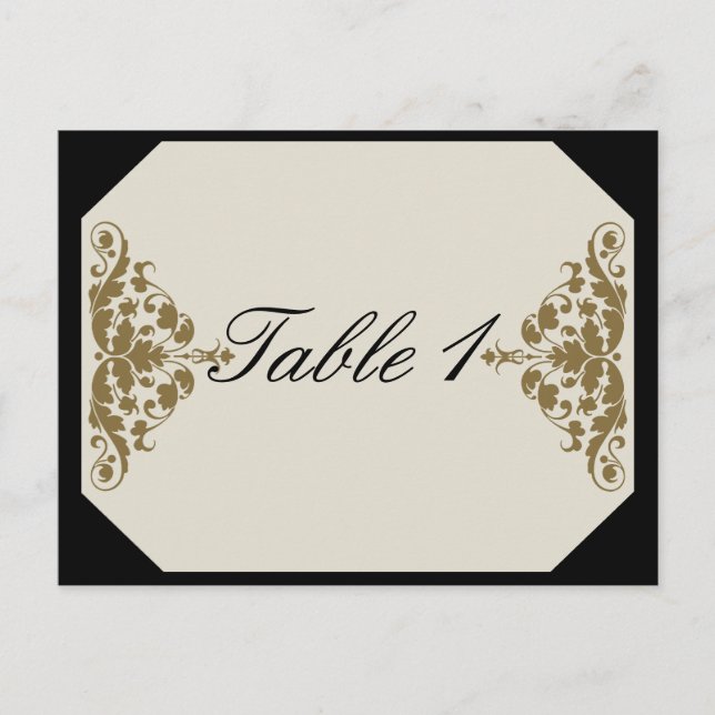 Postal Marfil Black and Gold Damask Wedding Número de tab (Anverso)