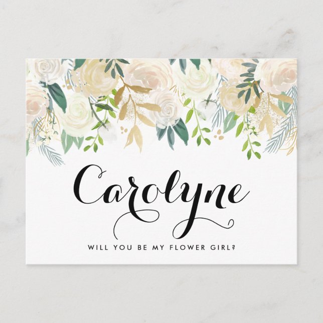 Postal Marfil Peonies Floral Be my Flower Girl Card (Anverso)