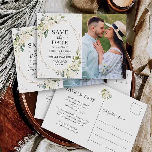 Postal Marfil White Floral Gold Geometric Save the Date (Subido por el creador)