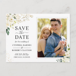 Postal Marfil White Floral Gold Photo Save the Date