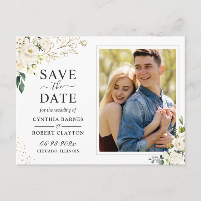 Postal Marfil White Floral Gold Photo Save the Date (Anverso)