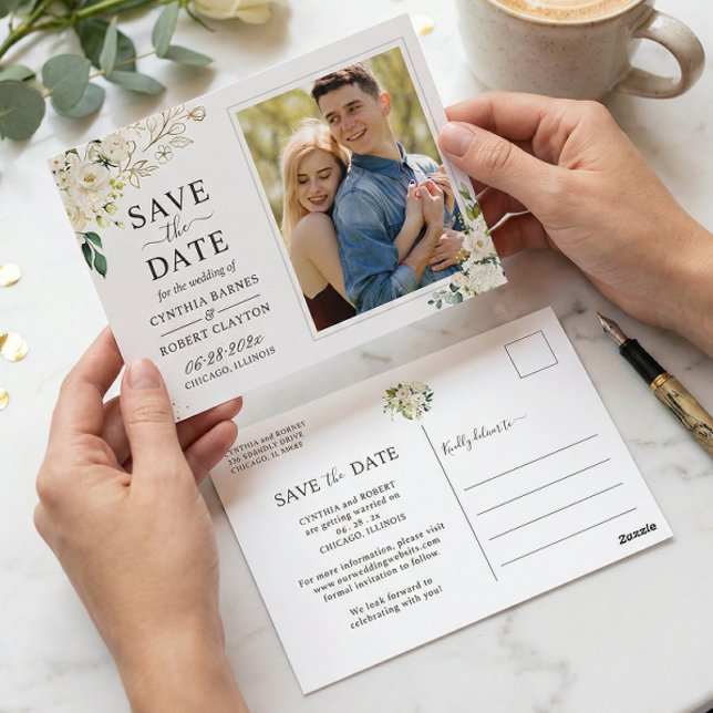 Postal Marfil White Floral Gold Photo Save the Date (Subido por el creador)