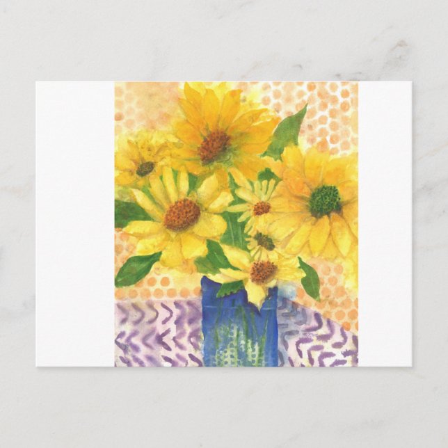 Postal margaritas amarillas en jarrón azul (Anverso)