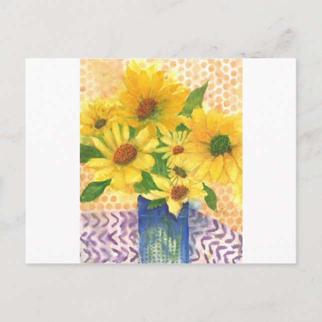 Postal margaritas amarillas en jarrón azul (Anverso)