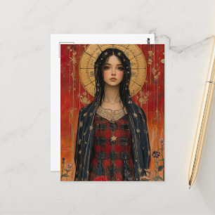 Postal María con fondo rojo y dorado