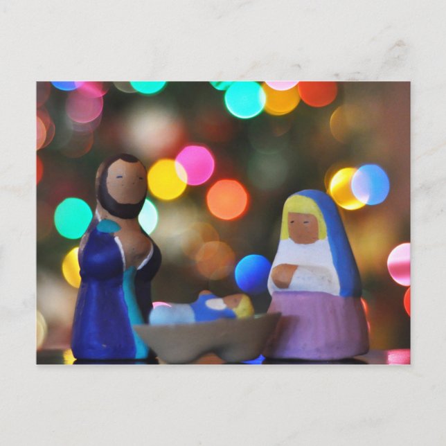 Postal María, José y Niño Jesús, Natividad, bokeh, luces (Anverso)