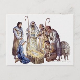 Postal María, José y pastores que rodean al bebé Jesús