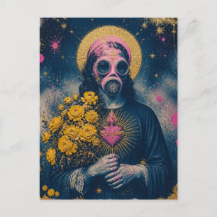 Postal María Magdalena con máscara de gas rosa