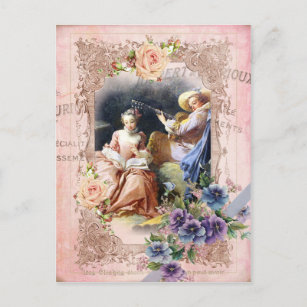 Postal Marie Antoinette, París, Rococo, amantes, rosas, p