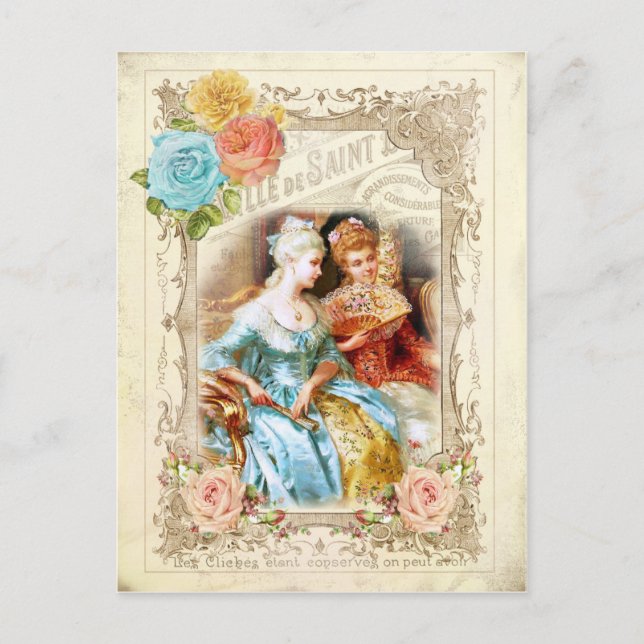 Postal Marie Antoinette, París, rococo azul, rosa (Anverso)