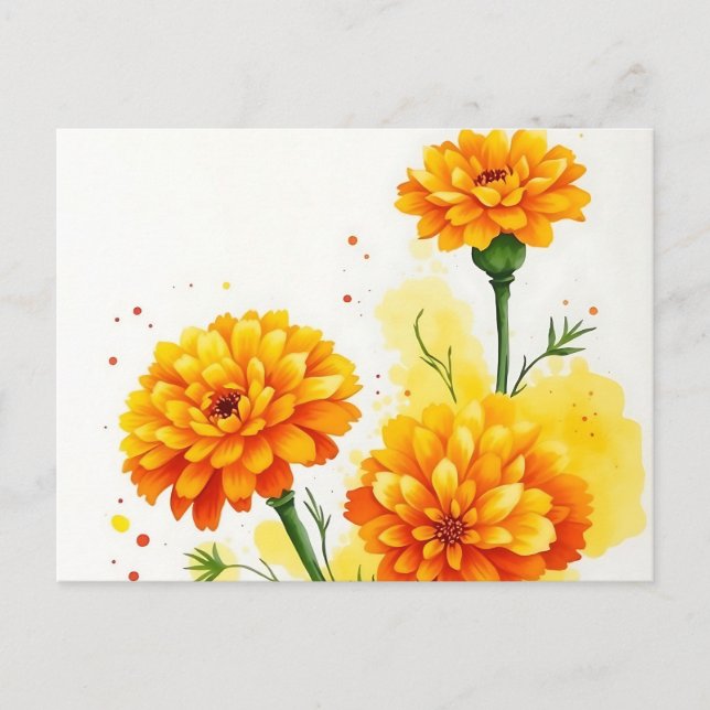 Postal Marigolas acuarelas en Naranja y amarillo (Anverso)