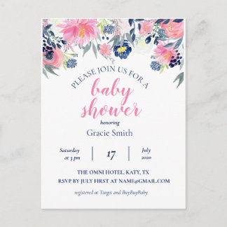 Postal Marina acuarela y Baby Shower floral rosa