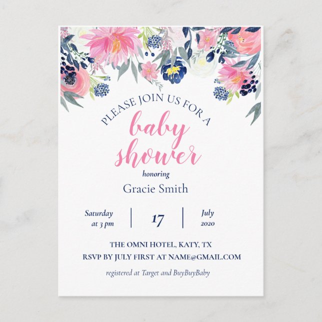 Postal Marina acuarela y Baby Shower floral rosa (Anverso)