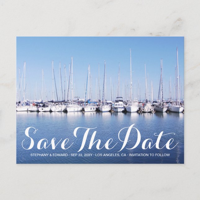 Postal Marina Boats Blue Nautical Save The Date Postcard (Anverso)