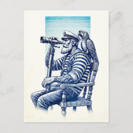 Postal Marinero Antiguo con Prismáticos y un Loro