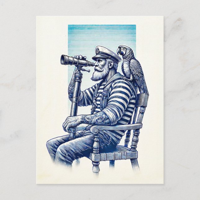 Postal Marinero Antiguo con Prismáticos y un Loro (Anverso)