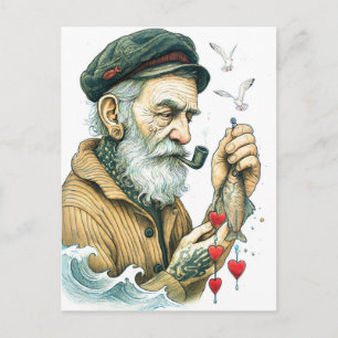 Postal Marinero con pipa y corazones pequeños