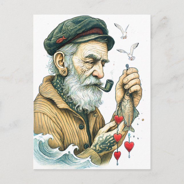 Postal Marinero con pipa y corazones pequeños (Anverso)