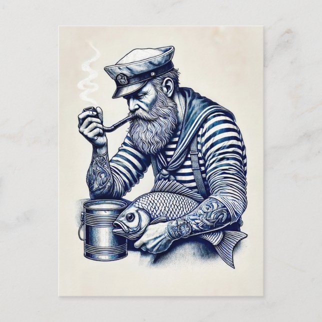 Postal Marinero con una cuerda y un pez bajo su brazo (Anverso)