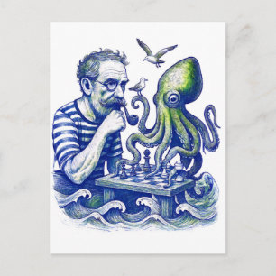 Postal Marinero jugando ajedrez con gran pulpo curioso