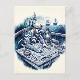 Postal Marinero leyendo un mapa náutico en la cubierta de