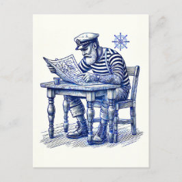 Postal Marinero leyendo un periódico en la mesa