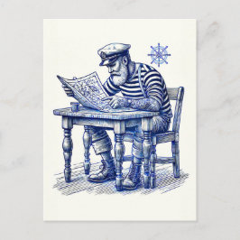 Postal Marinero leyendo un periódico en la mesa