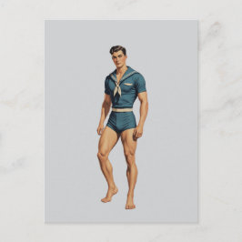 Postal Marinero Retro en Traje de Baño Azul Marino