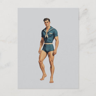 Postal Marinero Retro en Traje de Baño Azul Marino