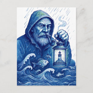 Postal Marinero sosteniendo linterna mientras un pez sost