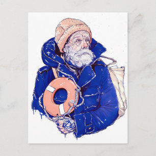 Postal Marinero sosteniendo salvavidas con gorro de punto