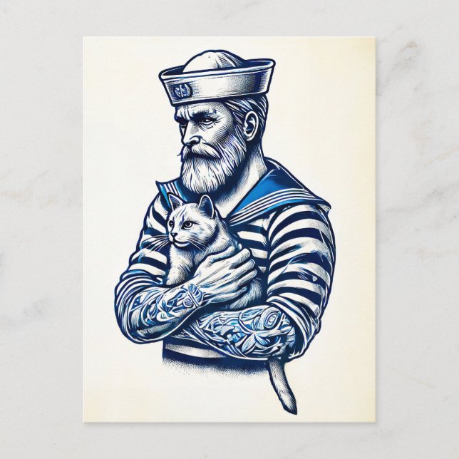 Postal marinero sosteniendo un gato en su brazo (Anverso)