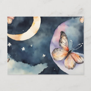 Postal mariposa acuarela en el cielo nocturno