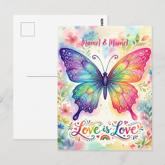 Postal Mariposa Arcoíris Acuarela "El amor es amor" (Anverso / Reverso)