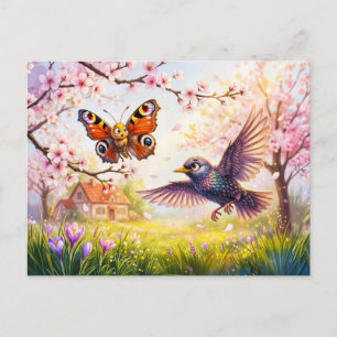 Postal Mariposa Asustada por Pájaro en Flor de Cerezo