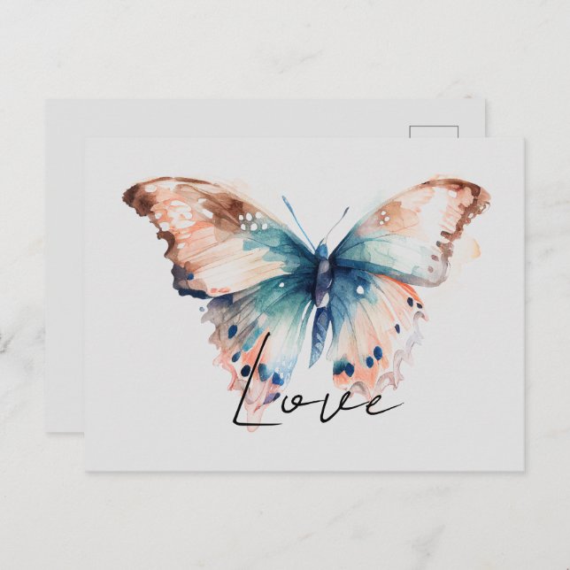 Postal Mariposa azul Aqua Blue Love inspirador (Anverso / Reverso)