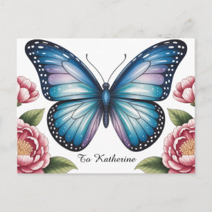 Postal Mariposa azul celestial y peonía rosa con texto