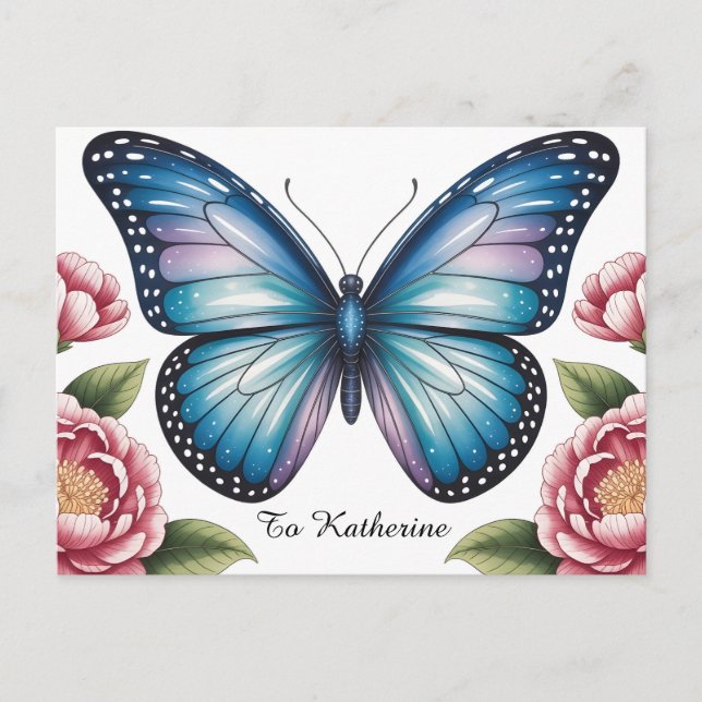 Postal Mariposa azul celestial y peonía rosa con texto (Anverso)