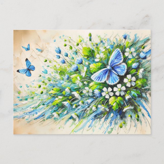Postal Mariposa azul con flores nomeolvides en aceite (Anverso)