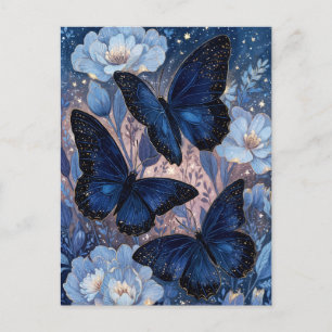 Postal Mariposa Azul Marino y Dorada con Flor Azul