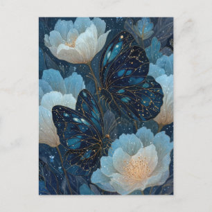Postal Mariposa azul marino y dorada con flor blanca