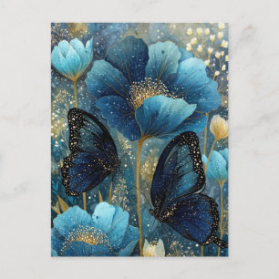 Postal Mariposa azul marino y dorada con flor turquesa