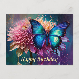 Postal Mariposa azul y Dahlia