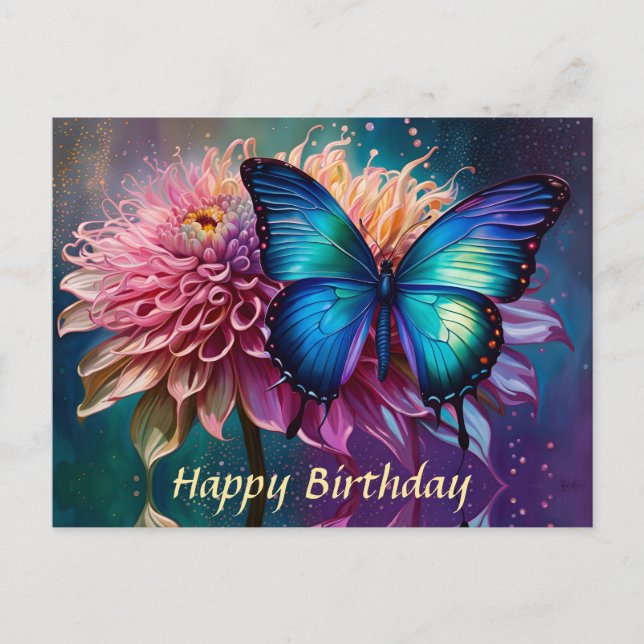 Postal Mariposa azul y Dahlia (Anverso)
