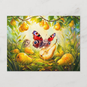 Postal Mariposa bebiendo jugo de pera mientras observa un