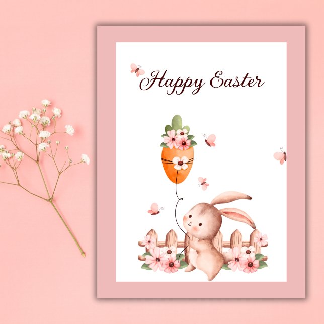 Postal Mariposa con globo de zanja de anillos de montaña  (Watercolor Easter Bunny Carrot Balloon Butterfly Postcard)